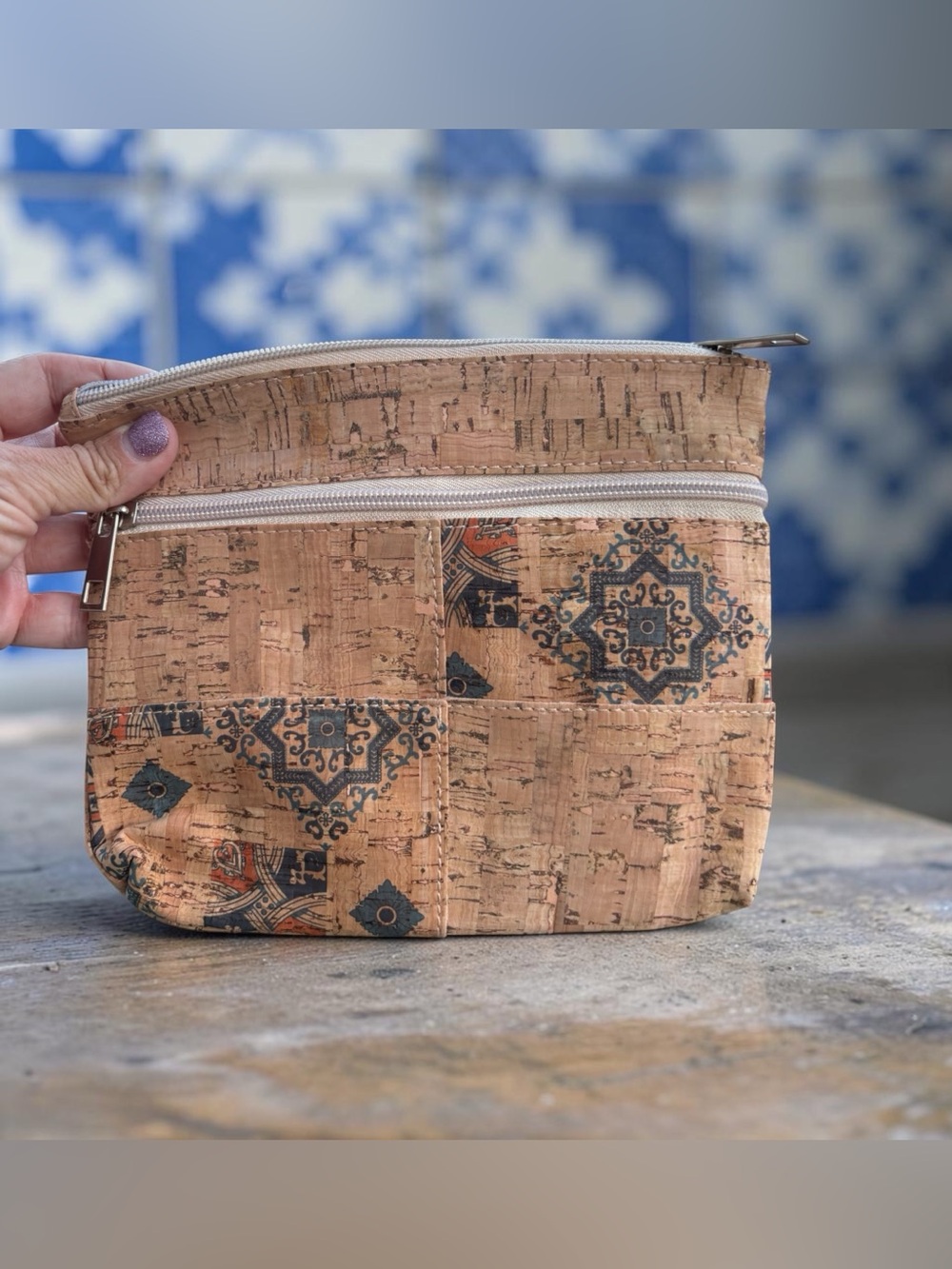 Cork Patterned Cosmetic Pouch - Natural Cork made and bought in Portugal